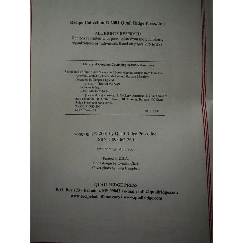 Recipe Hall of Fame Quick & Easy Cookbook Winning Recipes Hometown‎ America 2001